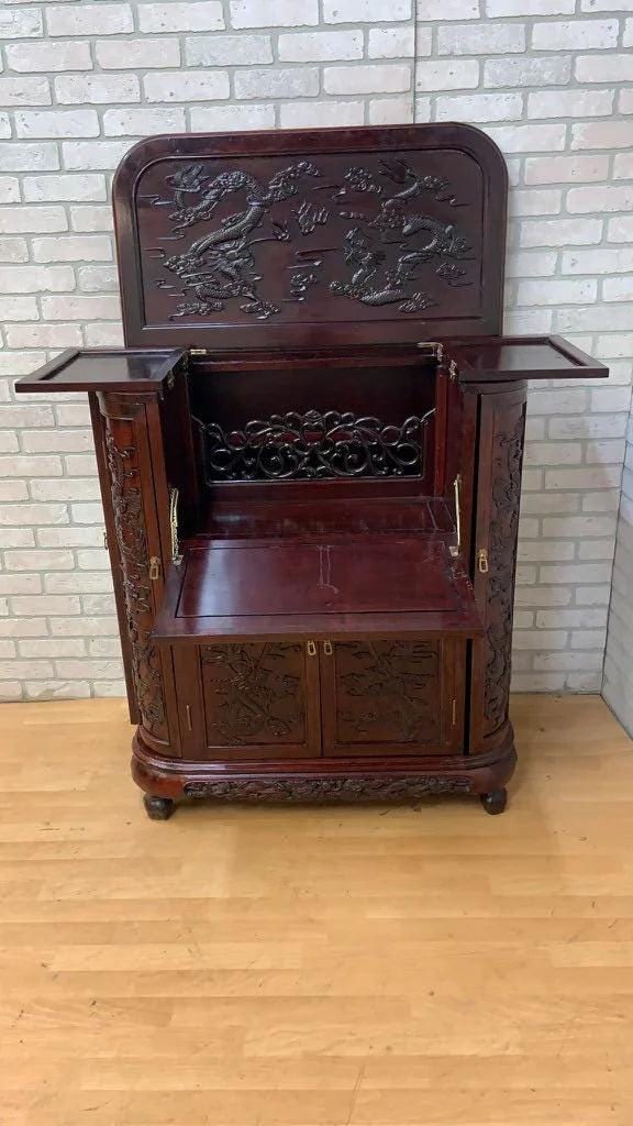Mid Century Modern Carved Ornate Chinese Rosewood Flip Top Dry Bar Cabinet - 10