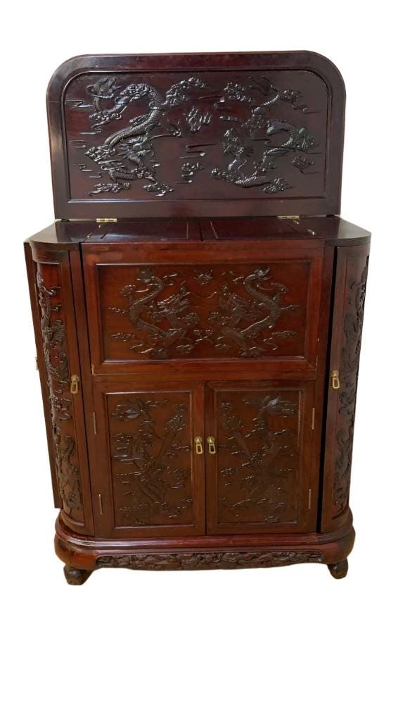 Mid Century Modern Carved Ornate Chinese Rosewood Flip Top Dry Bar Cabinet