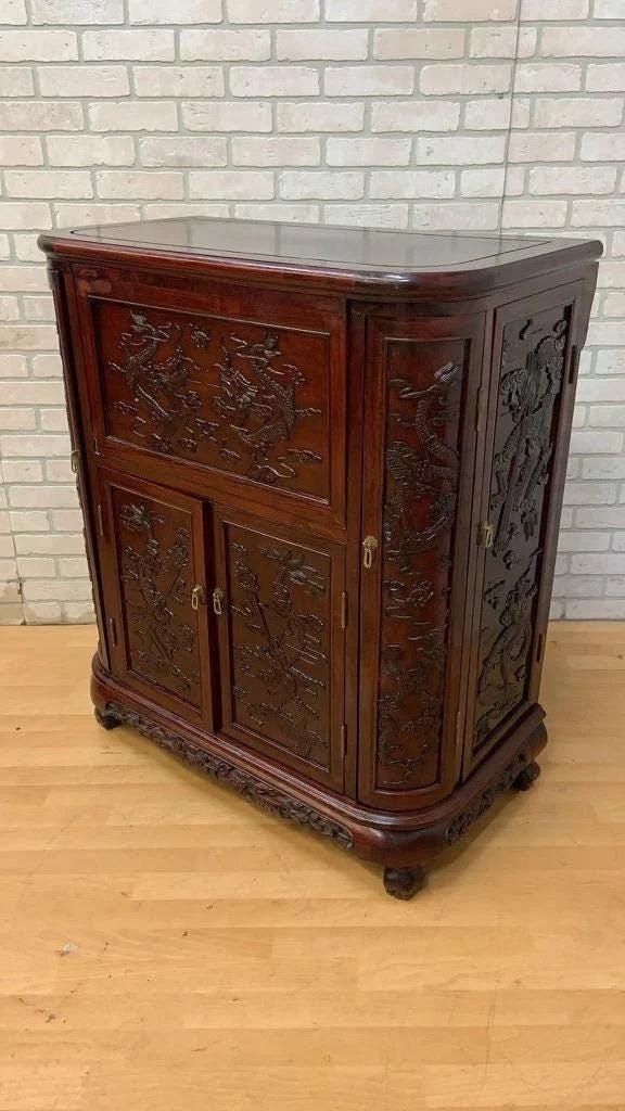 Mid Century Modern Carved Ornate Chinese Rosewood Flip Top Dry Bar Cabinet - 2