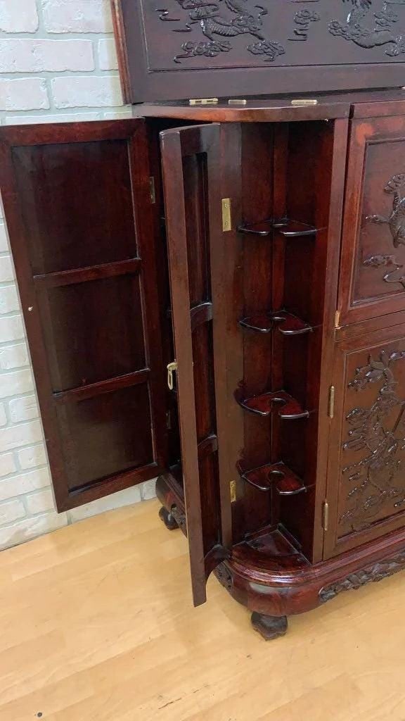 Mid Century Modern Carved Ornate Chinese Rosewood Flip Top Dry Bar Cabinet - 3