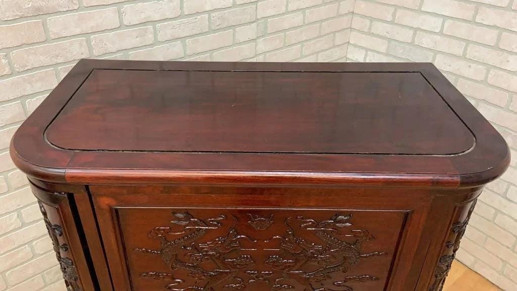 Mid Century Modern Carved Ornate Chinese Rosewood Flip Top Dry Bar Cabinet - 4