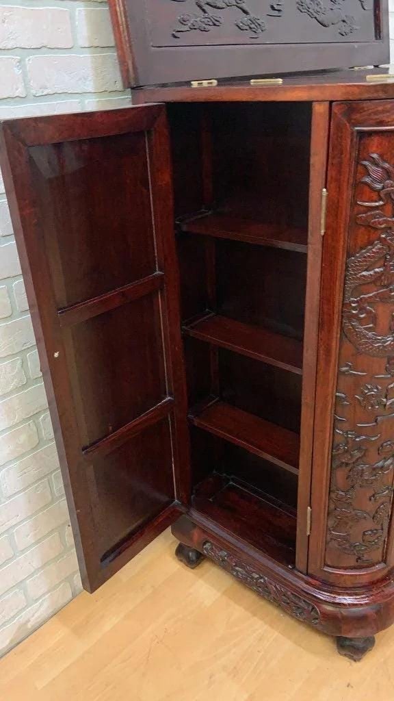 Mid Century Modern Carved Ornate Chinese Rosewood Flip Top Dry Bar Cabinet - 5