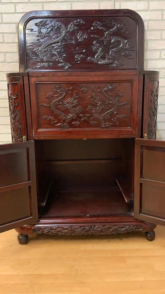 Mid Century Modern Carved Ornate Chinese Rosewood Flip Top Dry Bar Cabinet - 8