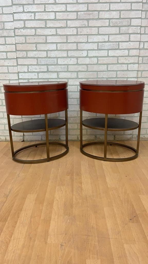 Vintage Contemporary Custom Designed Oval Side Table/Nightstand - Pair: Title: Vintage Contemporary Custom Designed Oval Side Table/Nightstand - Pair Description: Materials: brass, metal, wood Width: 23 inches Height: 27 inches Depth: 16 inches Vintage Contemporary Custom