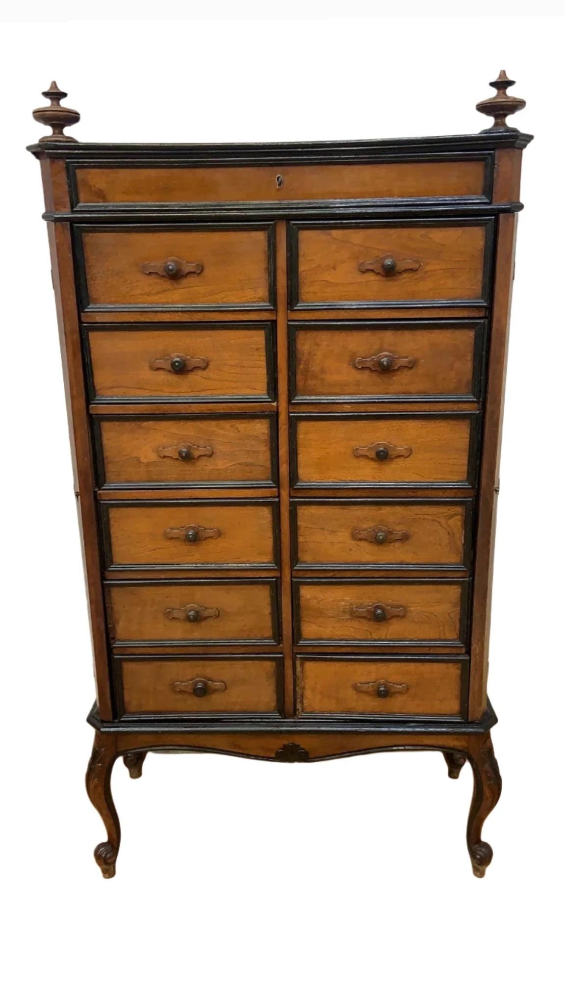 Antique French Napoleon Style 13 Drawers Tall Boy Storage Cabinet