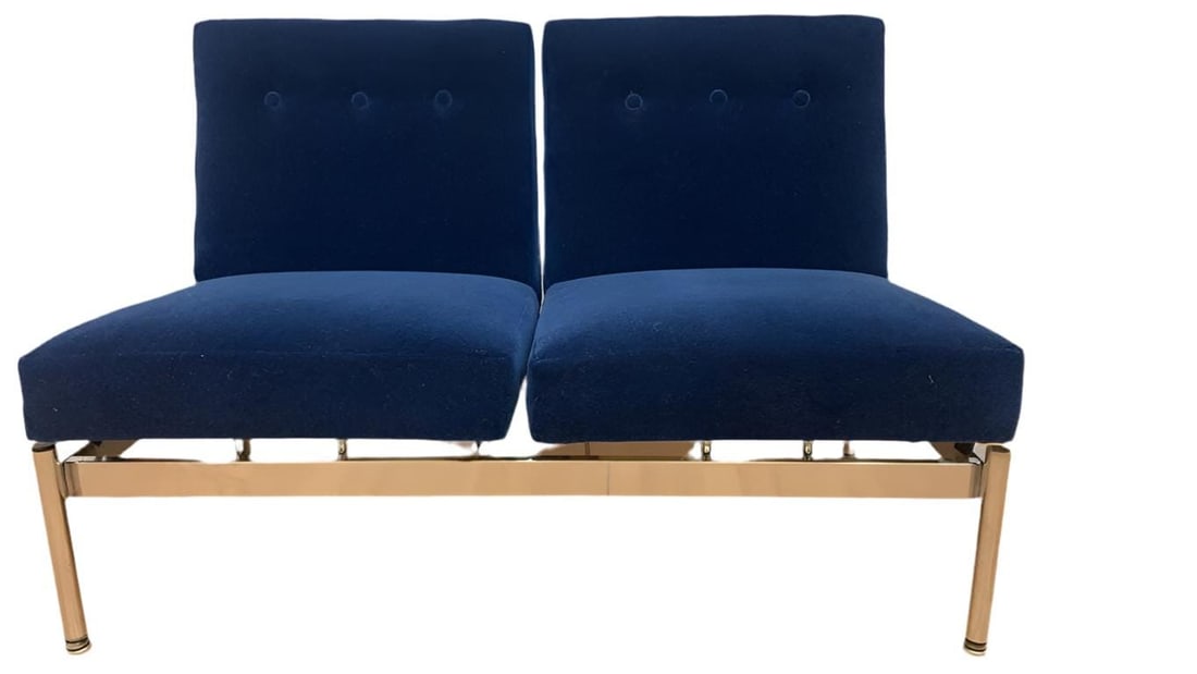 Mid Century Modern Steelcase Loveseat Newly Reupholstered in Cobalt Blue Mohair: Title: Mid Century Modern Steelcase Loveseat Newly Reupholstered in Cobalt Blue Mohair Description: Overall width: 65 inches Overall height: 32 inches Overall depth: 30 inches Seat height: 18 inches M