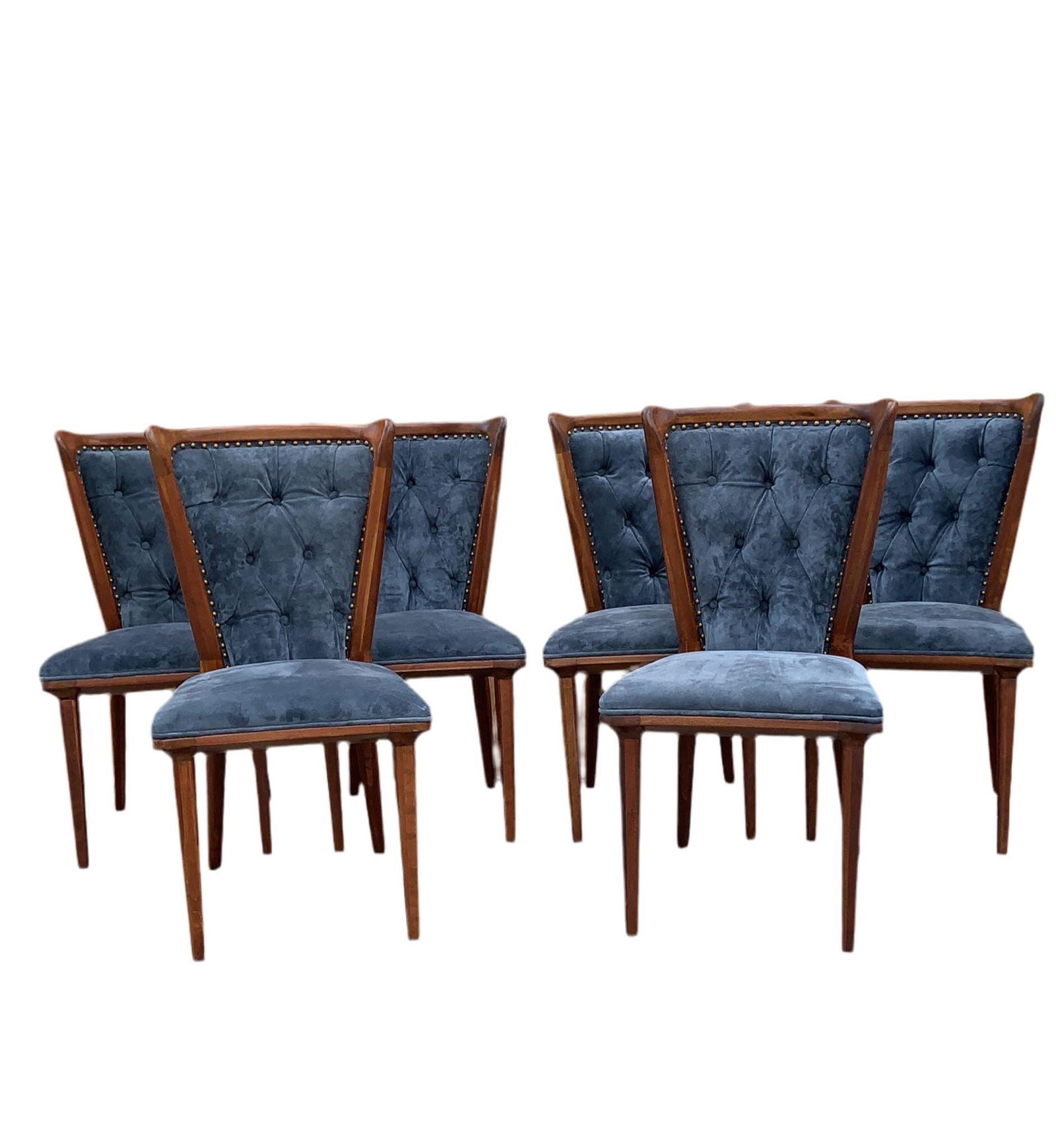 Vintage Italian Art Deco Sculptural Curved Back Dining Chairs Newly Reupholstered in Suede - Set of: Title: Vintage Italian Art Deco Sculptural Curved Back Dining Chairs Newly Reupholstered in Suede - Set of 6 Description: Overall width: 19 inches Overall height: 36.5 inches Overall depth: 20 inches