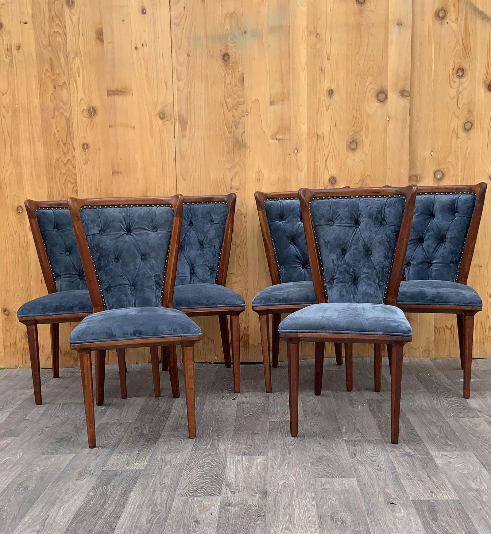 Vintage Italian Art Deco Sculptural Curved Back Dining Chairs Newly Reupholstered in Suede - Set of - 2