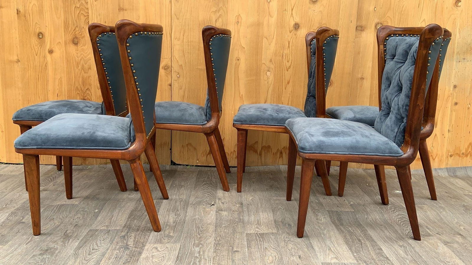 Vintage Italian Art Deco Sculptural Curved Back Dining Chairs Newly Reupholstered in Suede - Set of - 5