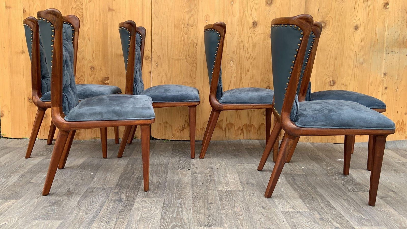 Vintage Italian Art Deco Sculptural Curved Back Dining Chairs Newly Reupholstered in Suede - Set of - 6