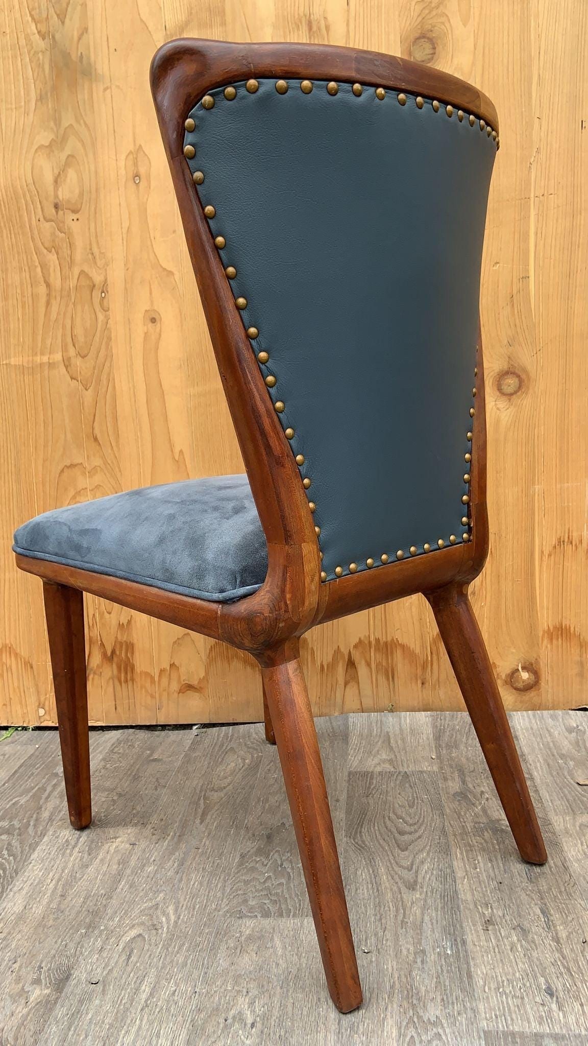 Vintage Italian Art Deco Sculptural Curved Back Dining Chairs Newly Reupholstered in Suede - Set of - 7