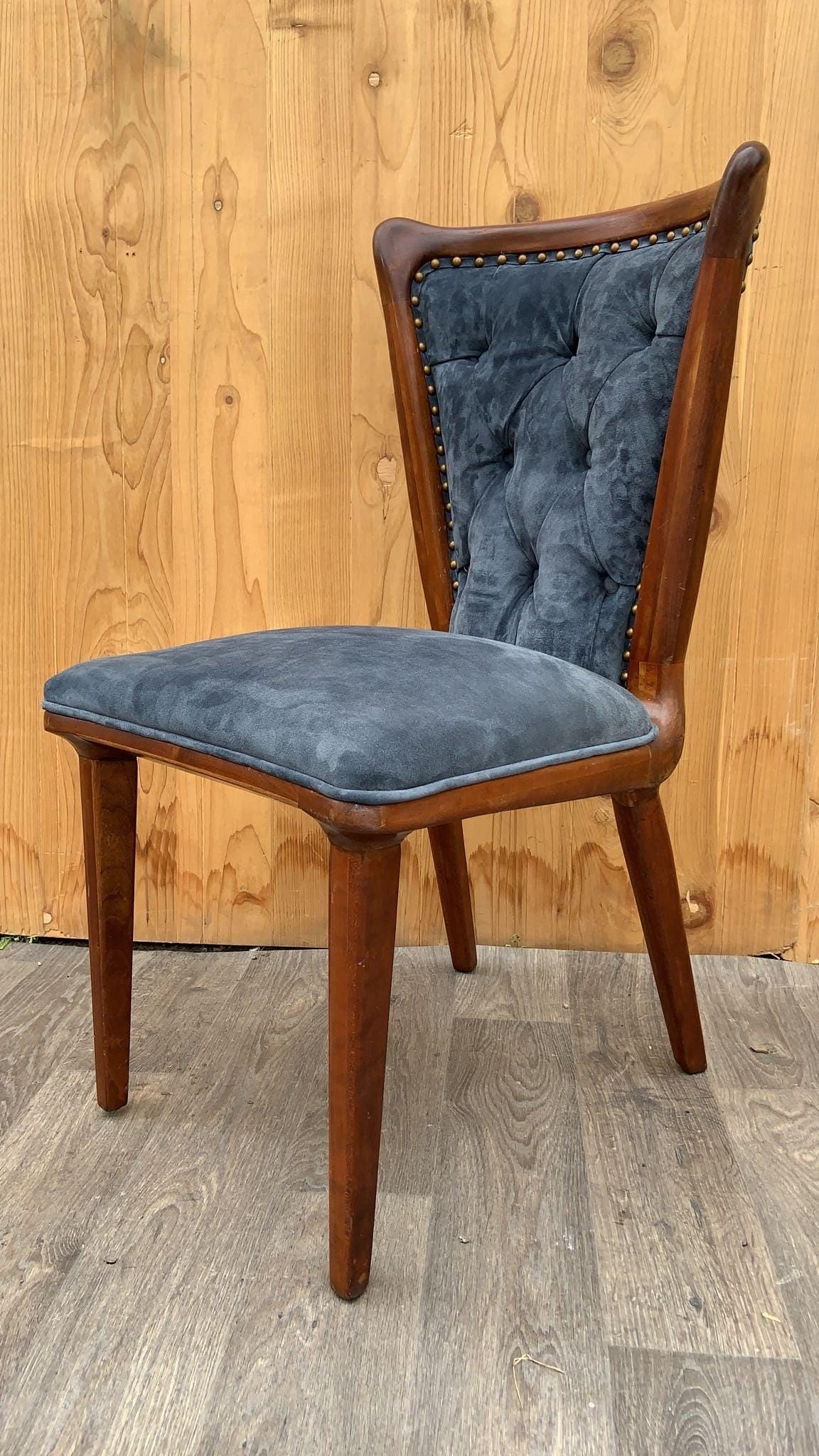Vintage Italian Art Deco Sculptural Curved Back Dining Chairs Newly Reupholstered in Suede - Set of - 8