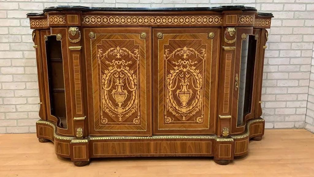 Vintage French Louis XVI Style Inlaid Serpentine Marble Top Credenza - 2
