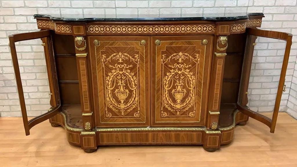 Vintage French Louis XVI Style Inlaid Serpentine Marble Top Credenza - 5
