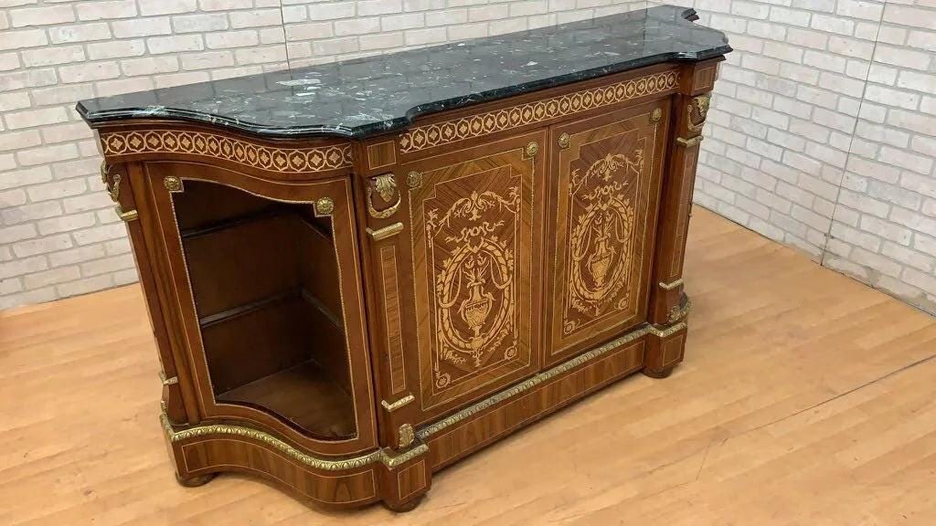 Vintage French Louis XVI Style Inlaid Serpentine Marble Top Credenza - 7