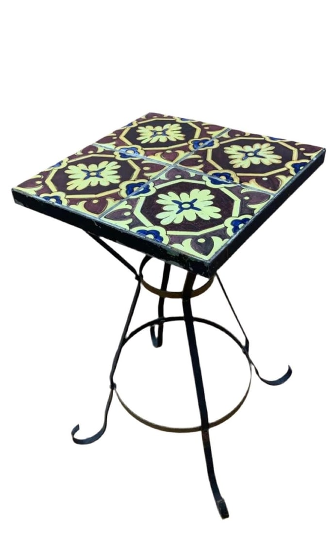Vintage Wrought Iron Tile Top Accent Table