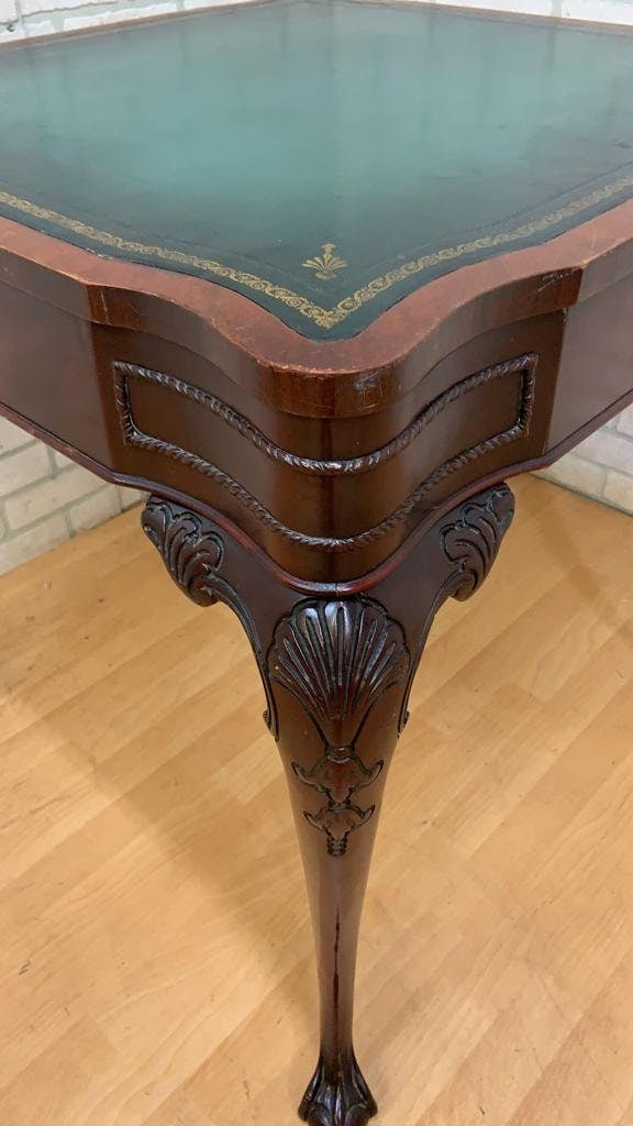 Vintage Chippendale Style Carved Mahogany Leather Top Game Table - 10