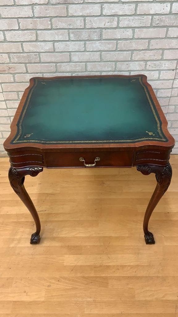 Vintage Chippendale Style Carved Mahogany Leather Top Game Table - 2