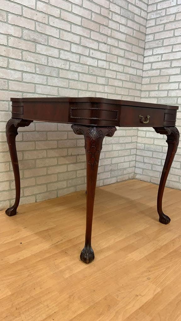 Vintage Chippendale Style Carved Mahogany Leather Top Game Table - 6