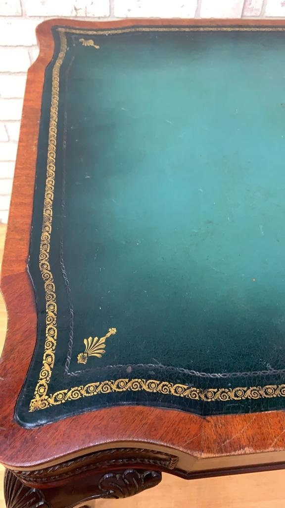 Vintage Chippendale Style Carved Mahogany Leather Top Game Table - 8