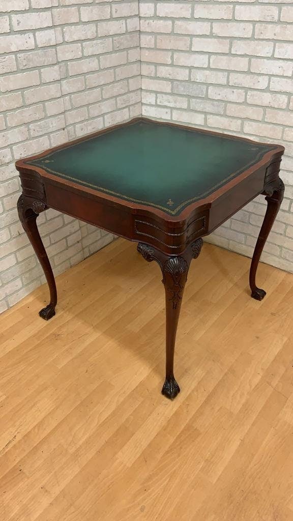 Vintage Chippendale Style Carved Mahogany Leather Top Game Table - 9