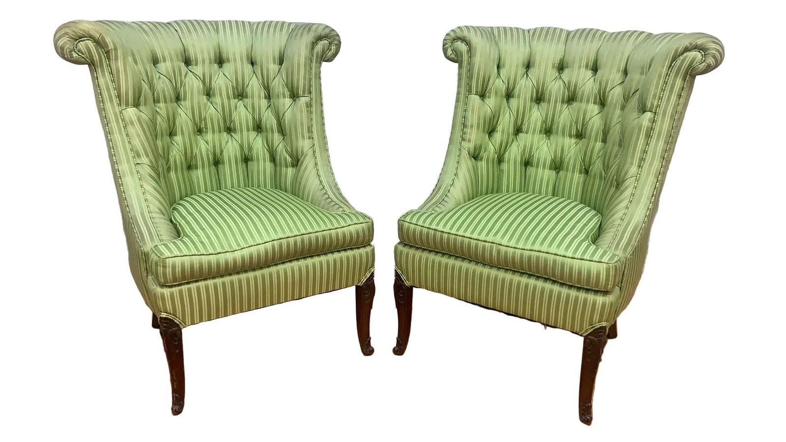 Vintage Queen Anne Style Rolled Back Tufted Wingback Chairs for Reupholstery - Pair (1 of 6)