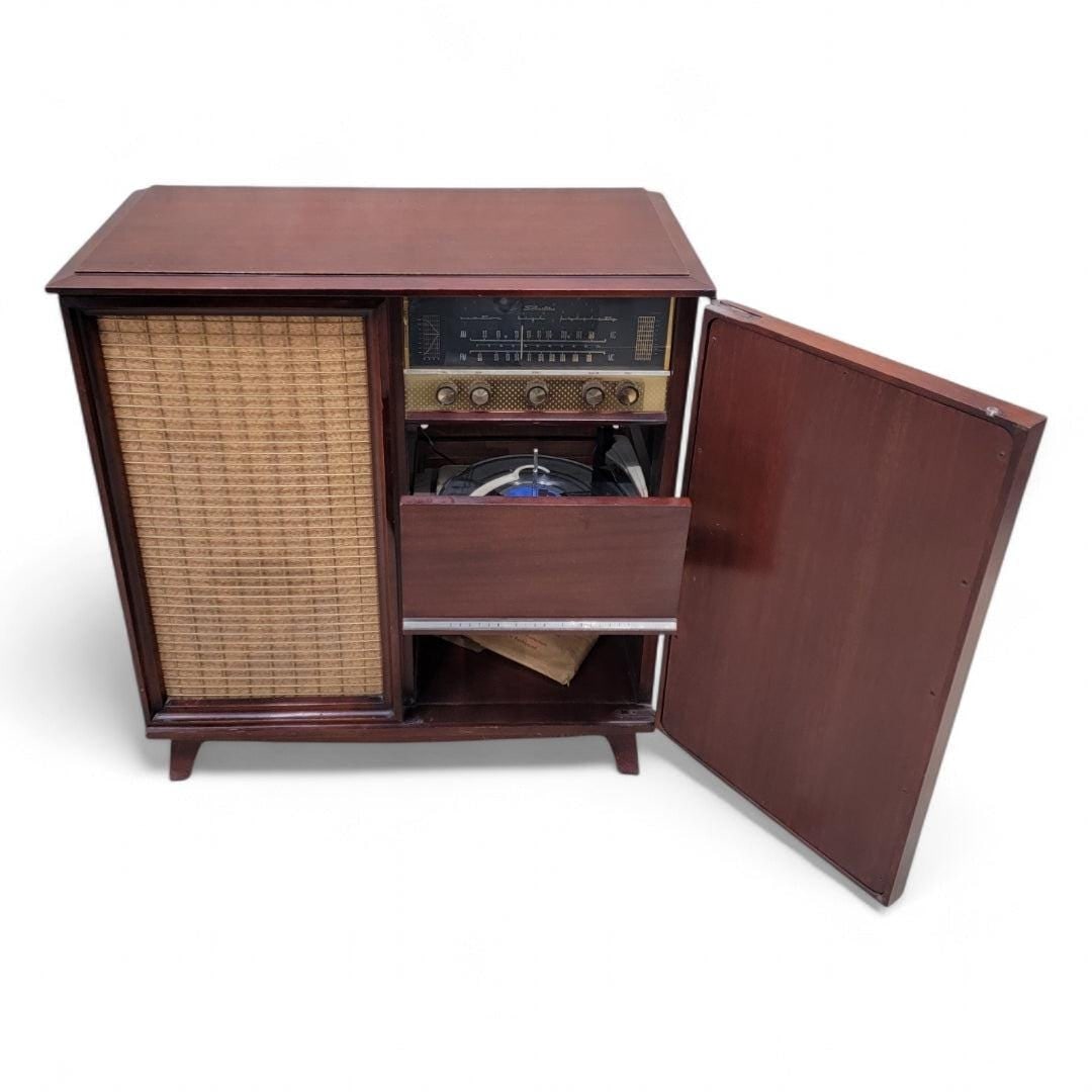 Mid Century Modern Silvertone High Fidelity Record Player/Radio Console - 10