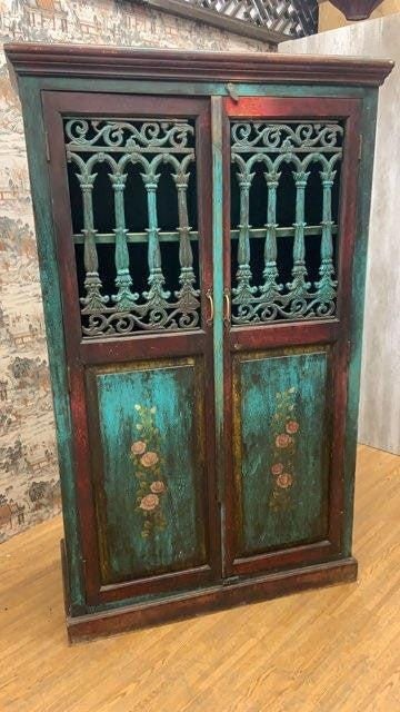 Antique German Hand Painted 2-Door Forged Iron Cabinet