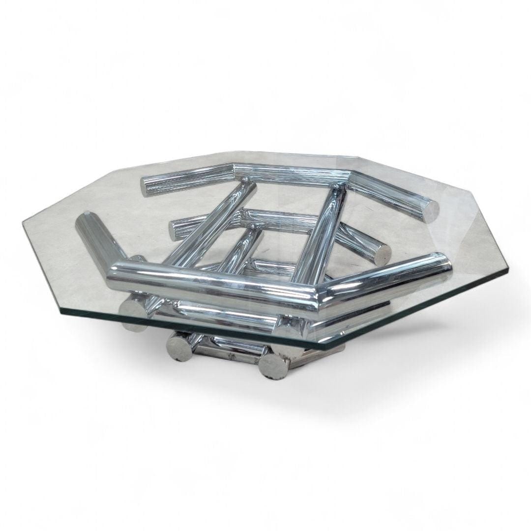 Mid Century Modern Paul Mayen Style Stacked Octagonal Tubular Chrome Coffee Table - 4