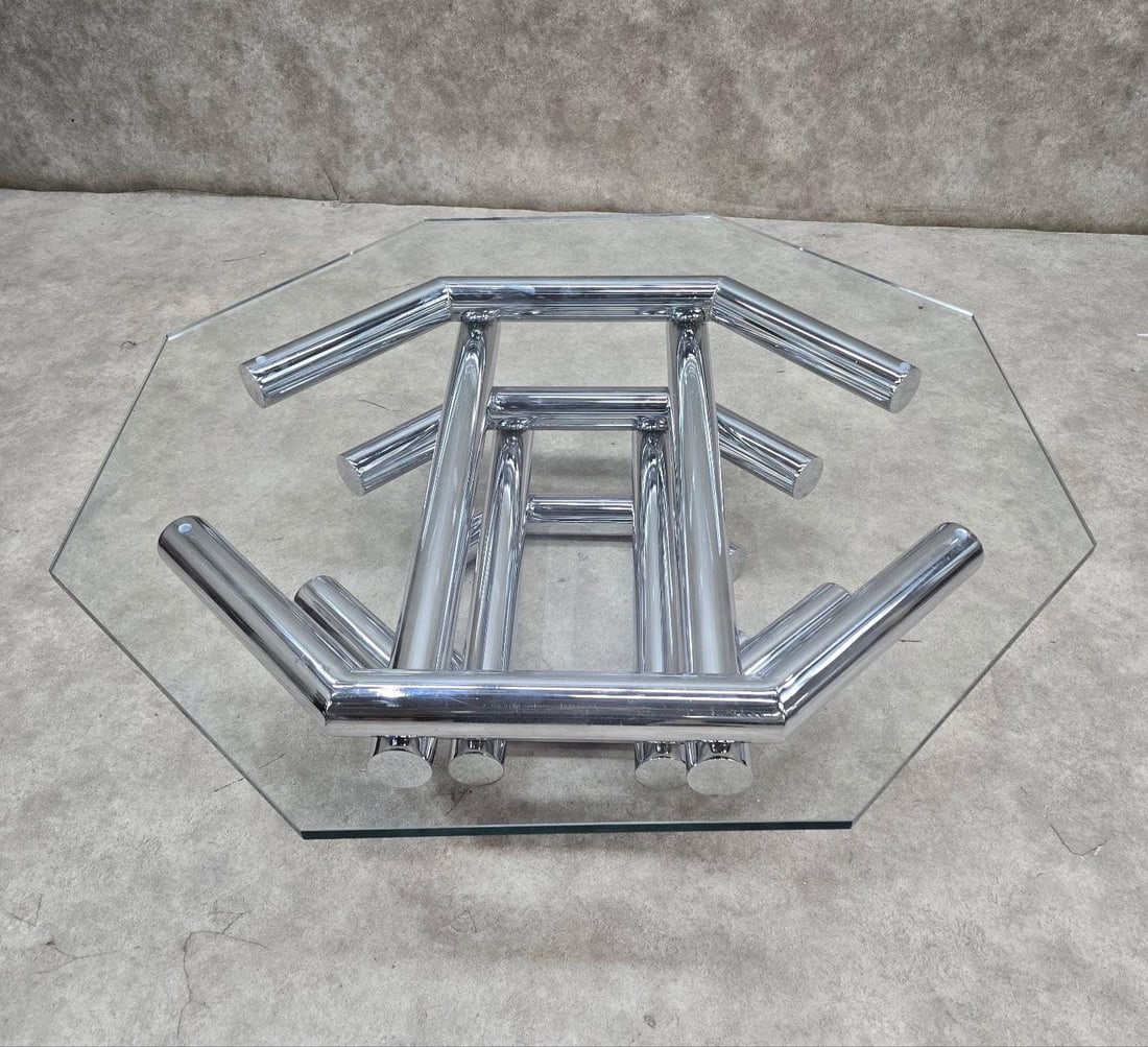 Mid Century Modern Paul Mayen Style Stacked Octagonal Tubular Chrome Coffee Table - 6