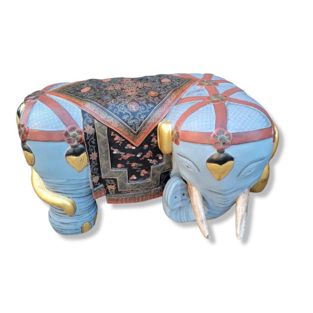 Antique Asian Carved & Hand-Painted Elephant Stools/Garden Seats - Pair - 6