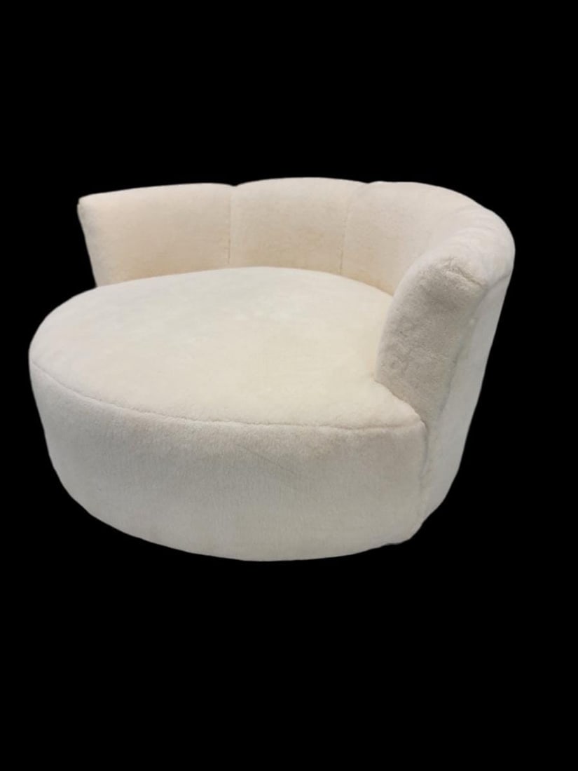 Mid Century Modern Milo Baughman Style Swivel Love Lounge Newly Reupholstered Natural Sherling - 3