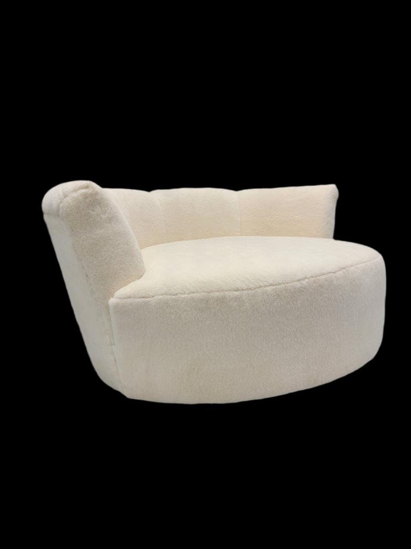 Mid Century Modern Milo Baughman Style Swivel Love Lounge Newly Reupholstered Natural Sherling - 7