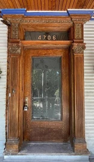 Antique Monumental Salvaged Carved Entrance Door: Title: Antique Monumental Salvaged Carved Entrance Door Description: Antique Original Monumental Chicago Architectural Salvaged Hand Carved Solid Quarter-Sawn, Beveled Etched Glass Panel Entrance Door