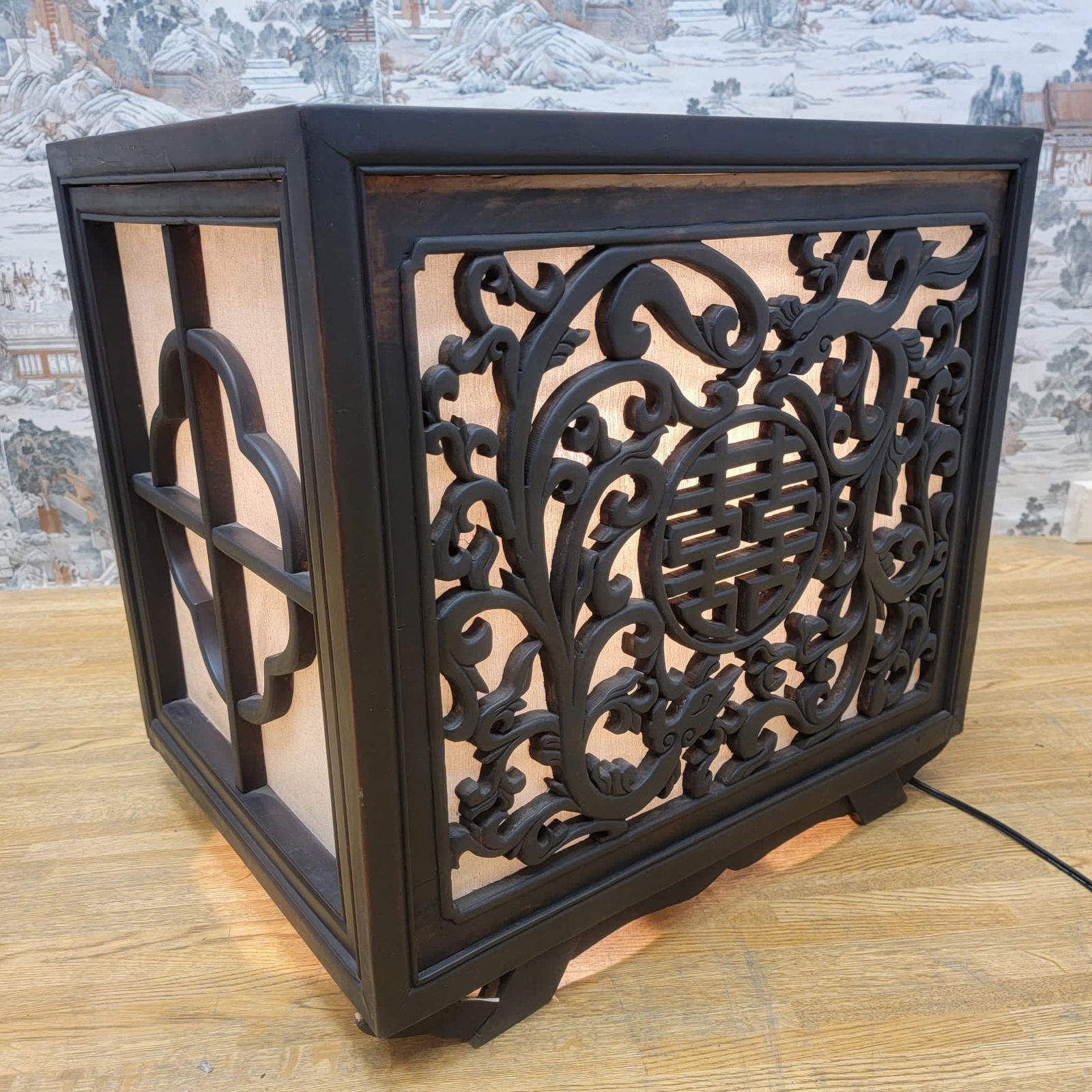 Vintage Chinese Carved Decorative Elm Side Tables with Light - Pair - 2