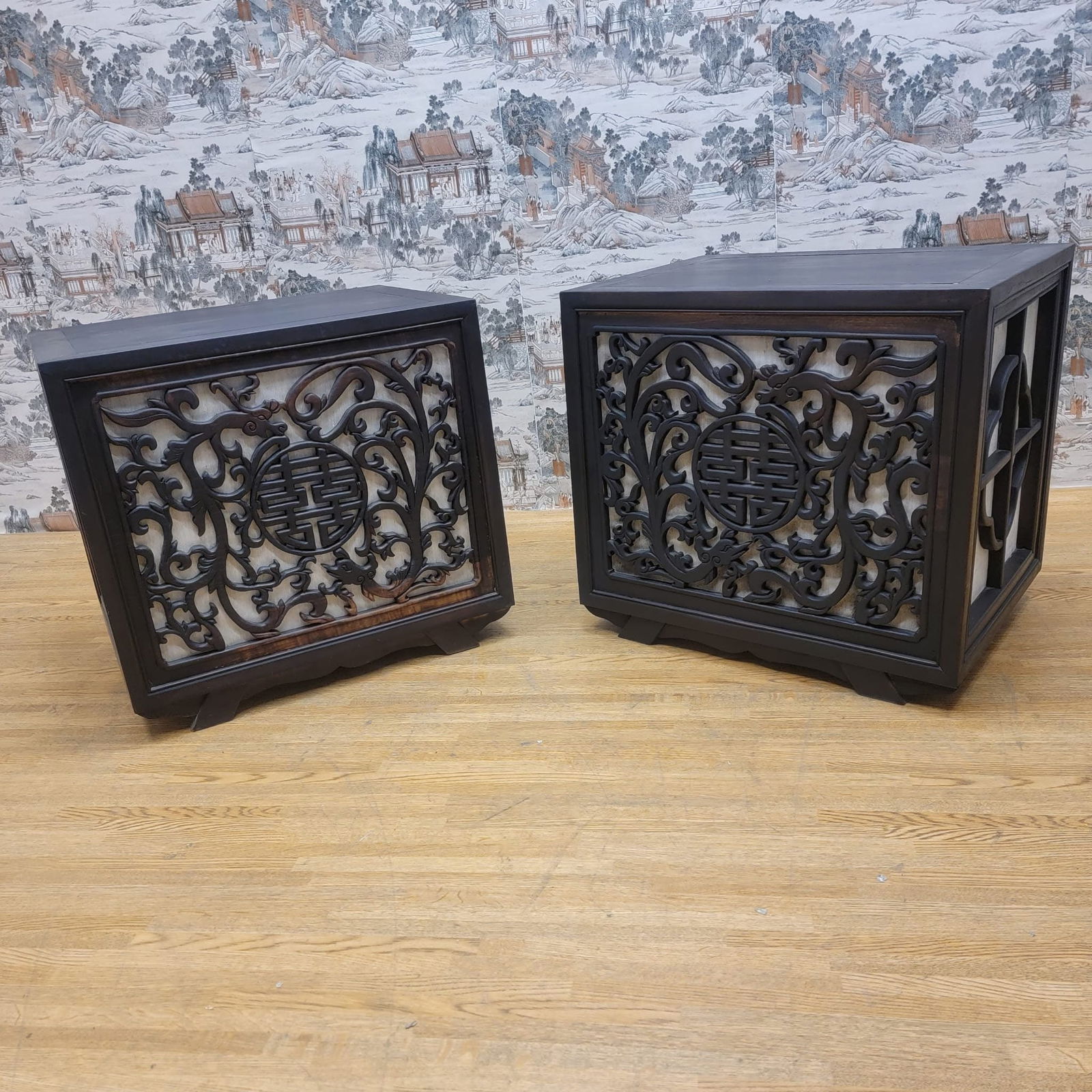 Vintage Chinese Carved Decorative Elm Side Tables with Light - Pair - 9