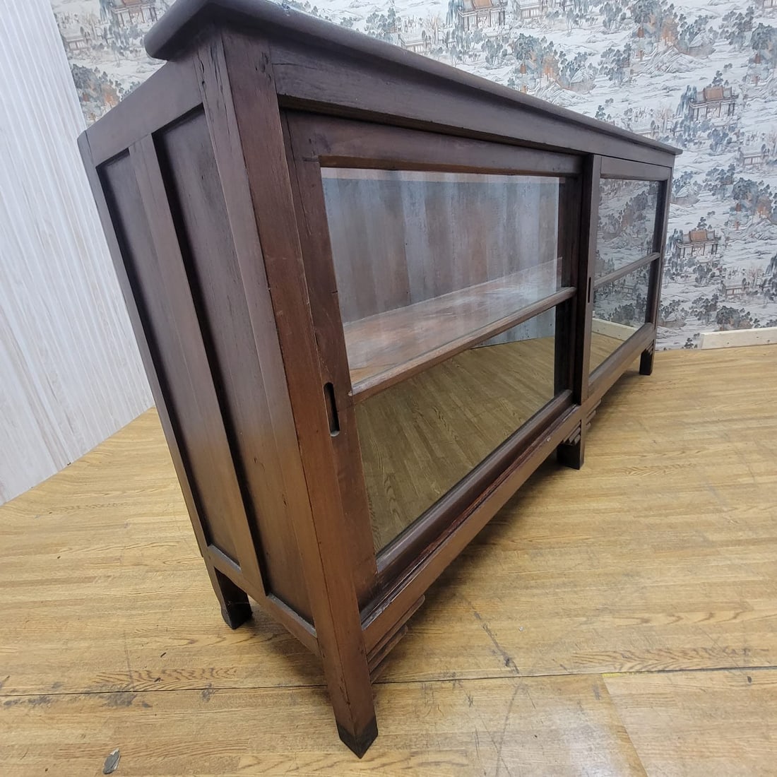 Vintage Teakwood Low Bookcase / Display Cabinet with Sliding Glass Doors - 7