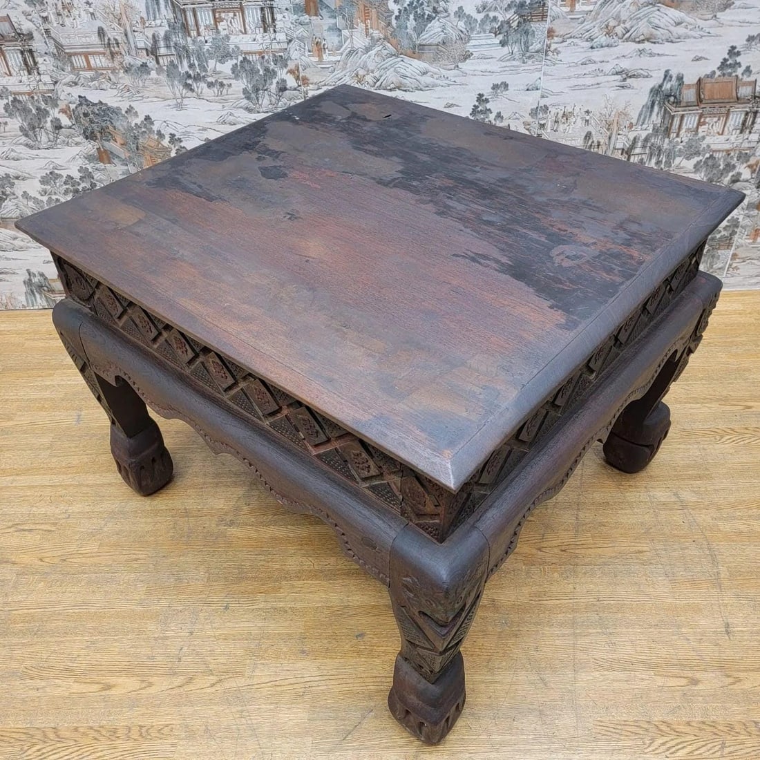 Antique East Indian Teak Wood Square Side Table with Carved Legs and Apron - 4