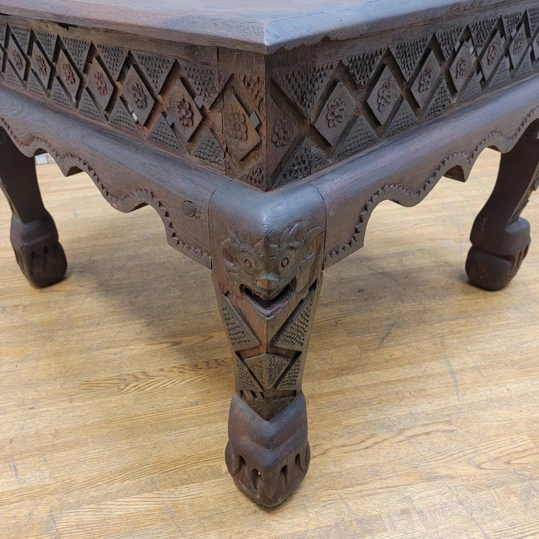 Antique East Indian Teak Wood Square Side Table with Carved Legs and Apron - 5