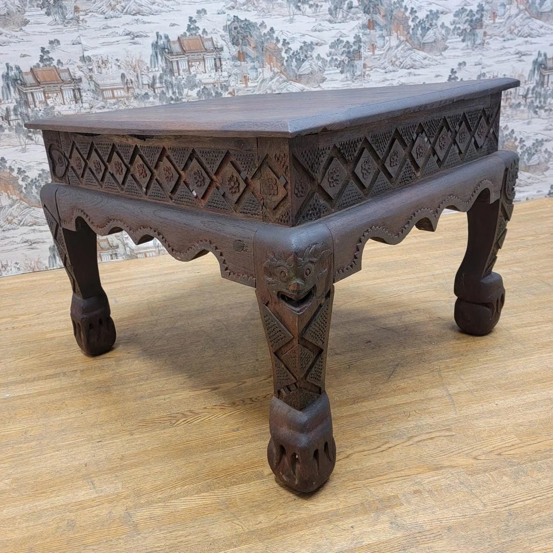 Antique East Indian Teak Wood Square Side Table with Carved Legs and Apron - 9