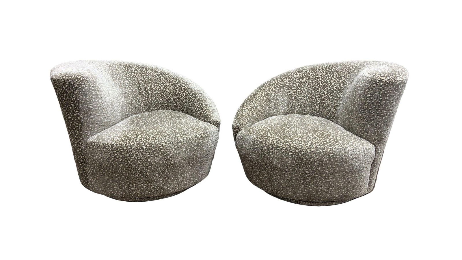 Mid Century Modern Vladimir Kagan Style Asymmetrical Swivel “Nautilus” Weiman Lounge: Title: Mid Century Modern Vladimir Kagan Style Asymmetrical Swivel “Nautilus” Weiman Lounge Chairs - Pair Description: Overall width: 36 inches Overall height: 30 inches Overall depth: 35