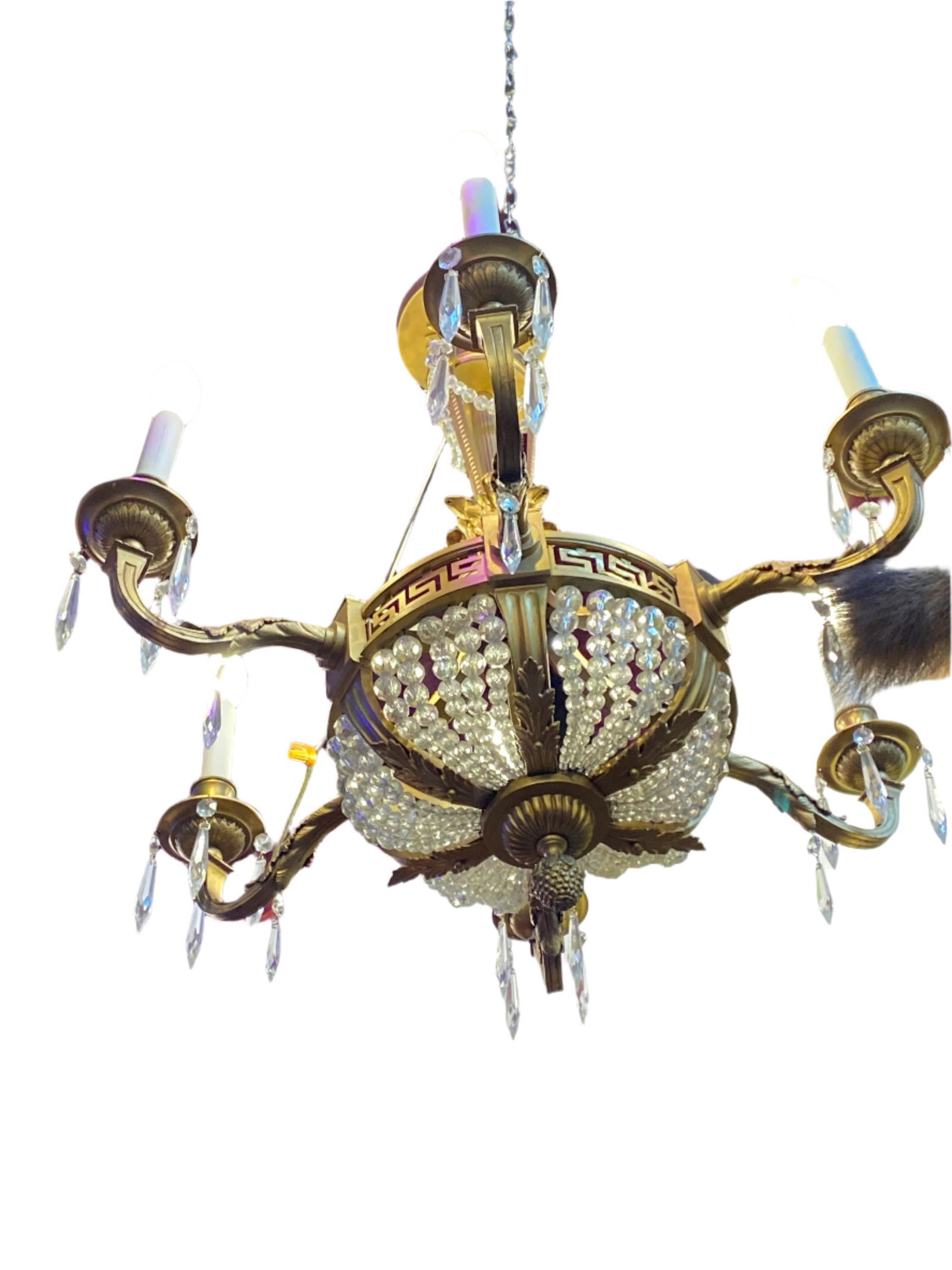 Antique French Empire Greek Key Chandelier: Title: Antique French Empire Greek Key Chandelier Description: Antique French Empire Greek Key Chandelier This small chandelier would bring soft and elegant overhead lighting to your interior. It has