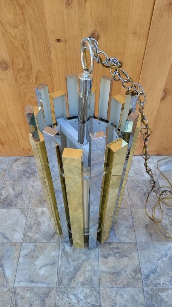 Mid Century Modern Gaetano Sciolari Brass & Chrome Pendant - 3