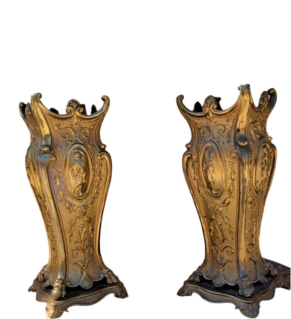 Antique French Neoclassical Ornate Gilt-Bronze Mantel Vases - Pair: Title: Antique French Neoclassical Ornate Gilt-Bronze Mantel Vases - Pair Description: Antique French Neoclassical Ornate Gilt-Bronze Mantel Vases - Pair Beautiful set of 19th Century French Neoclassi