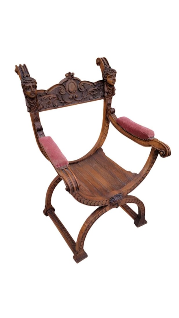 Antique Italian Renaissance Revival Carved Ornate Figural Savonarola Chair: Title: Antique Italian Renaissance Revival Carved Ornate Figural Savonarola Chair Description: Antique Italian Renaissance Revival Carved Ornate Figural Savonarola Chair Stunning 19th Century Italian