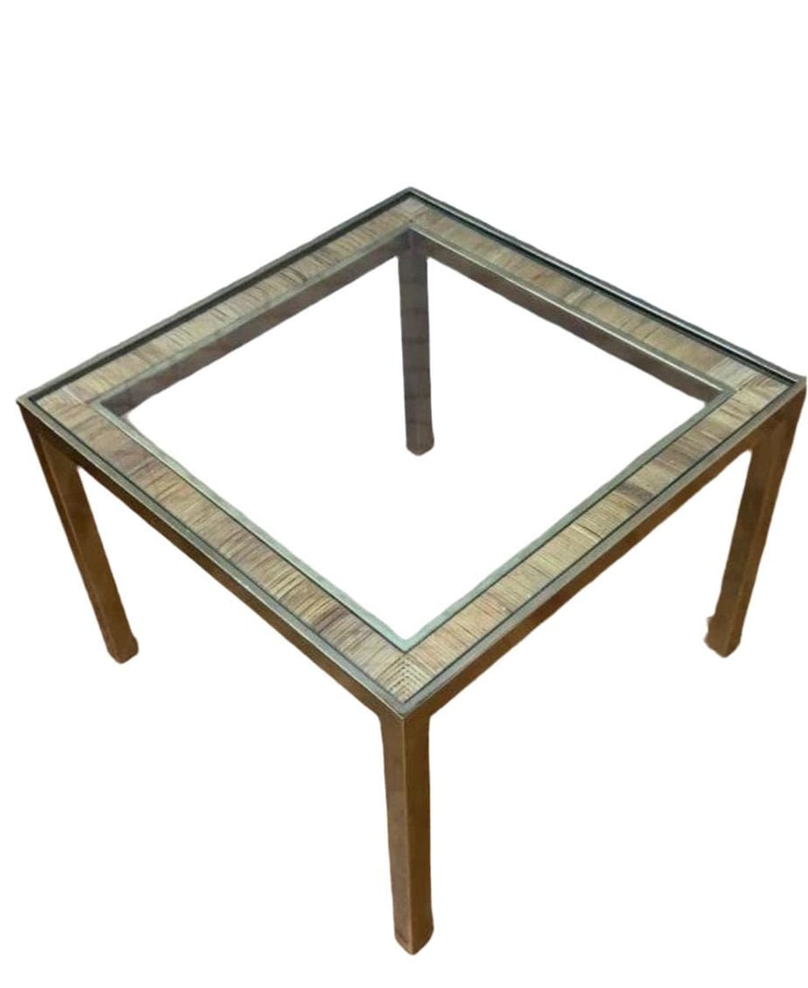 Mid Century Modern Rattan and Gold Brass Glass Top Side Table - Pair: Title: Mid Century Modern Rattan and Gold Brass Glass Top Side Table - Pair Description: Depth: 28 inches Height: 21 inches Width: 28 inches Mid Century Modern Rattan and Gold Brass Glass Top Side Tab