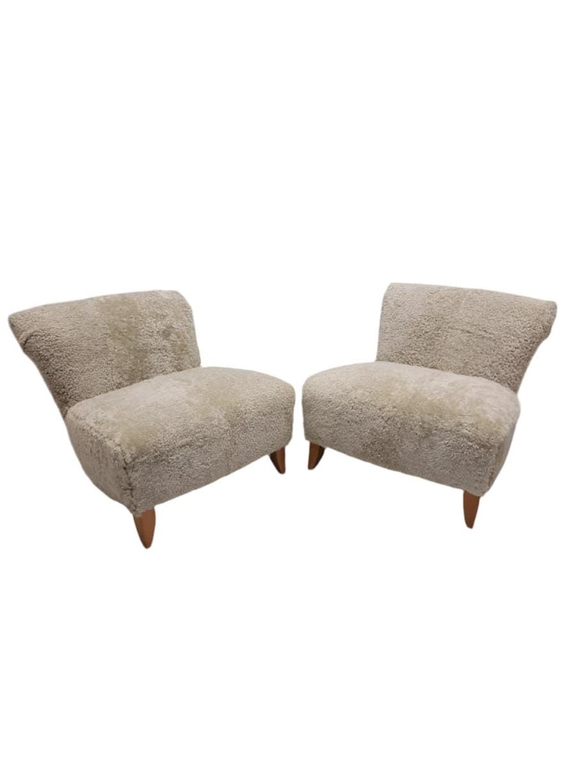 Mid Century Modern Sheep Wool Slipper Chairs – Swedish Scroll Back, Restored Pair: Title: Mid Century Modern Sheep Wool Slipper Chairs – Swedish Scroll Back, Restored Pair Description: Overall width: 33 inches Overall height: 29 inches Overall depth: 37 inches Seat height: 19
