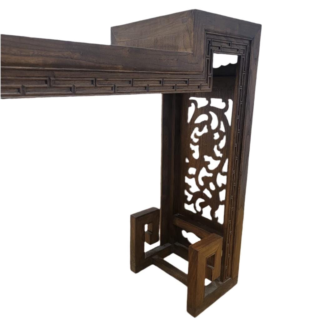 Antique Shanxi Province Elm Carved Side Altar Table with Turned Legs - 4