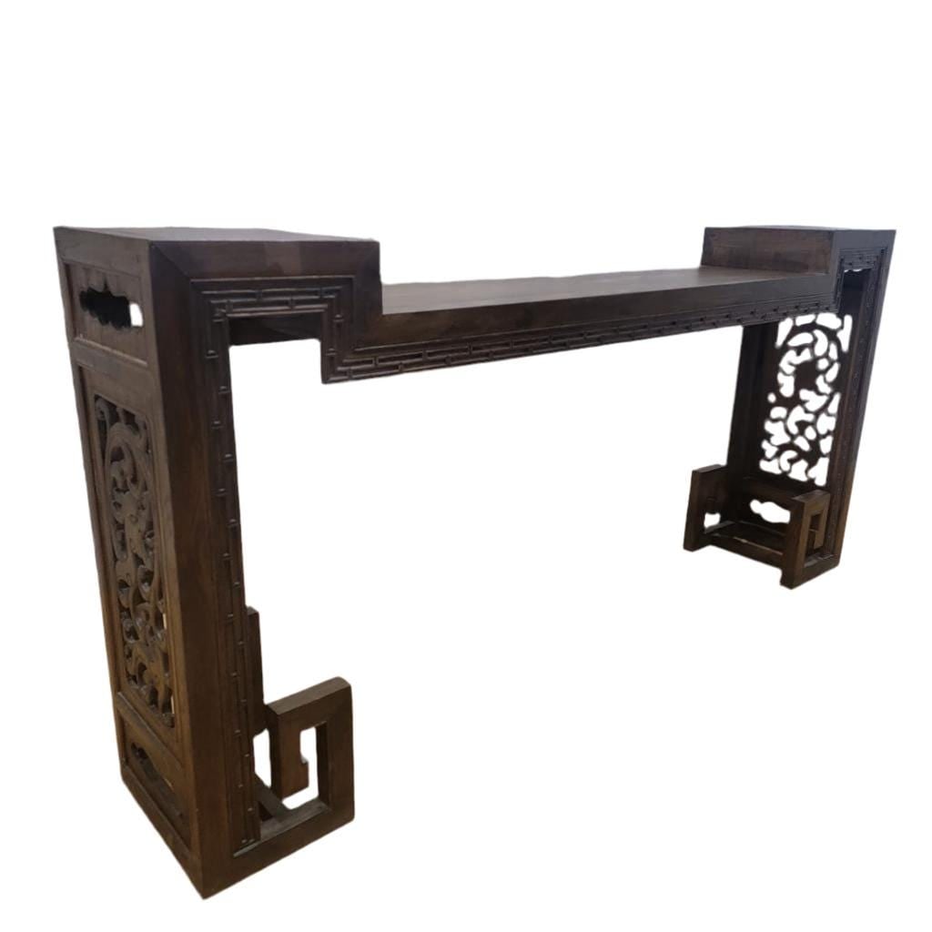 Antique Shanxi Province Elm Carved Side Altar Table with Turned Legs - 5