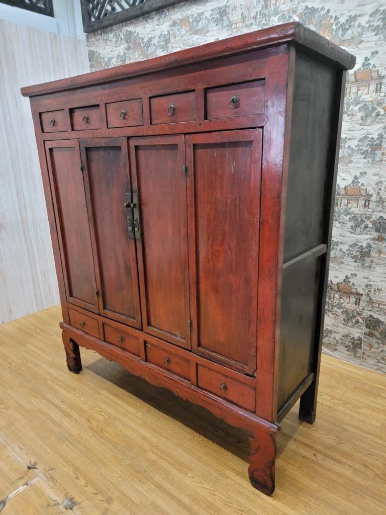 Antique Shanxi Province Red Lacquered Elm Storage Cabinet With Drawers - 3
